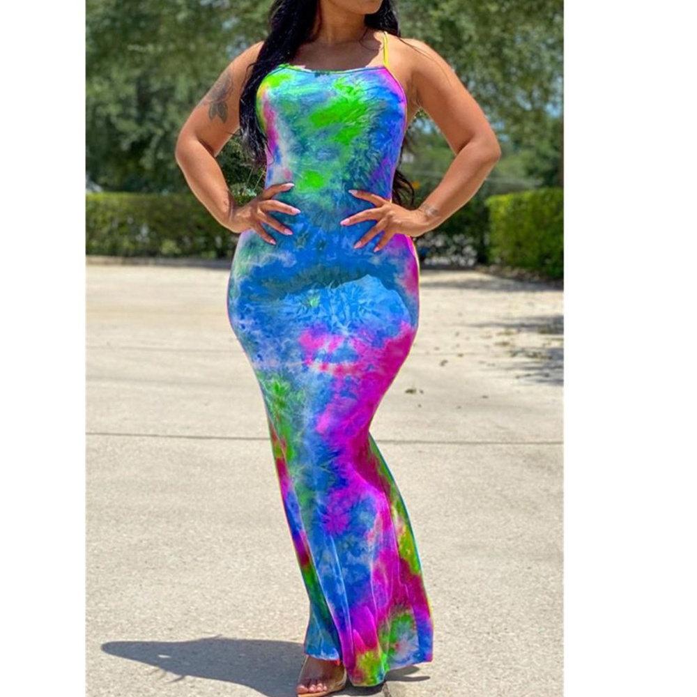 Open Back Sling Tie-Dye Stretch Maxi Dress